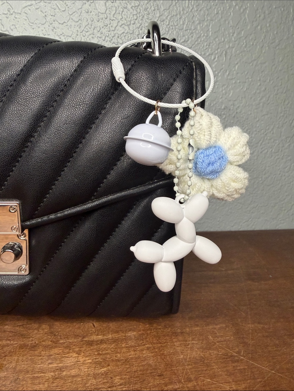 White Balloon Dog & Daisy Keychain Bag Charm with bell